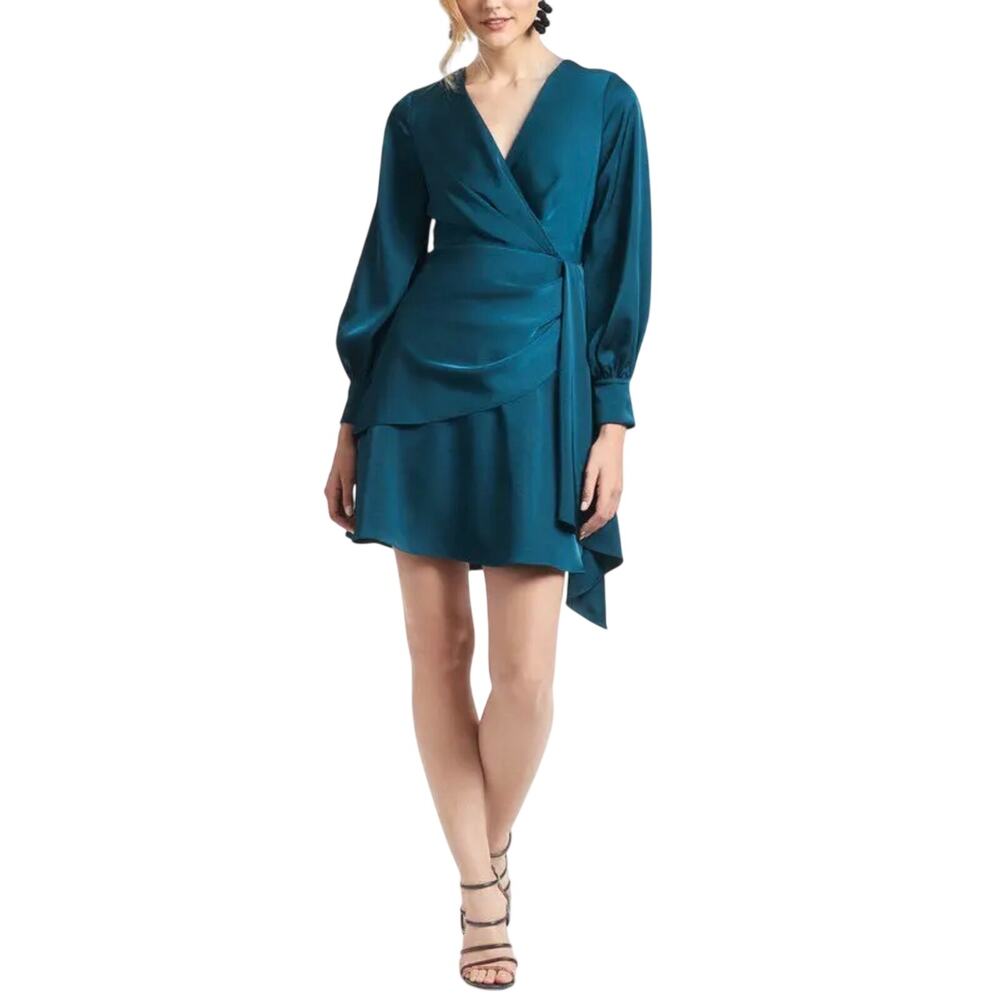 Sachin & Babi Daria Green Cocktail Dress Satin Long Sleeve Mini Wrap Size 6